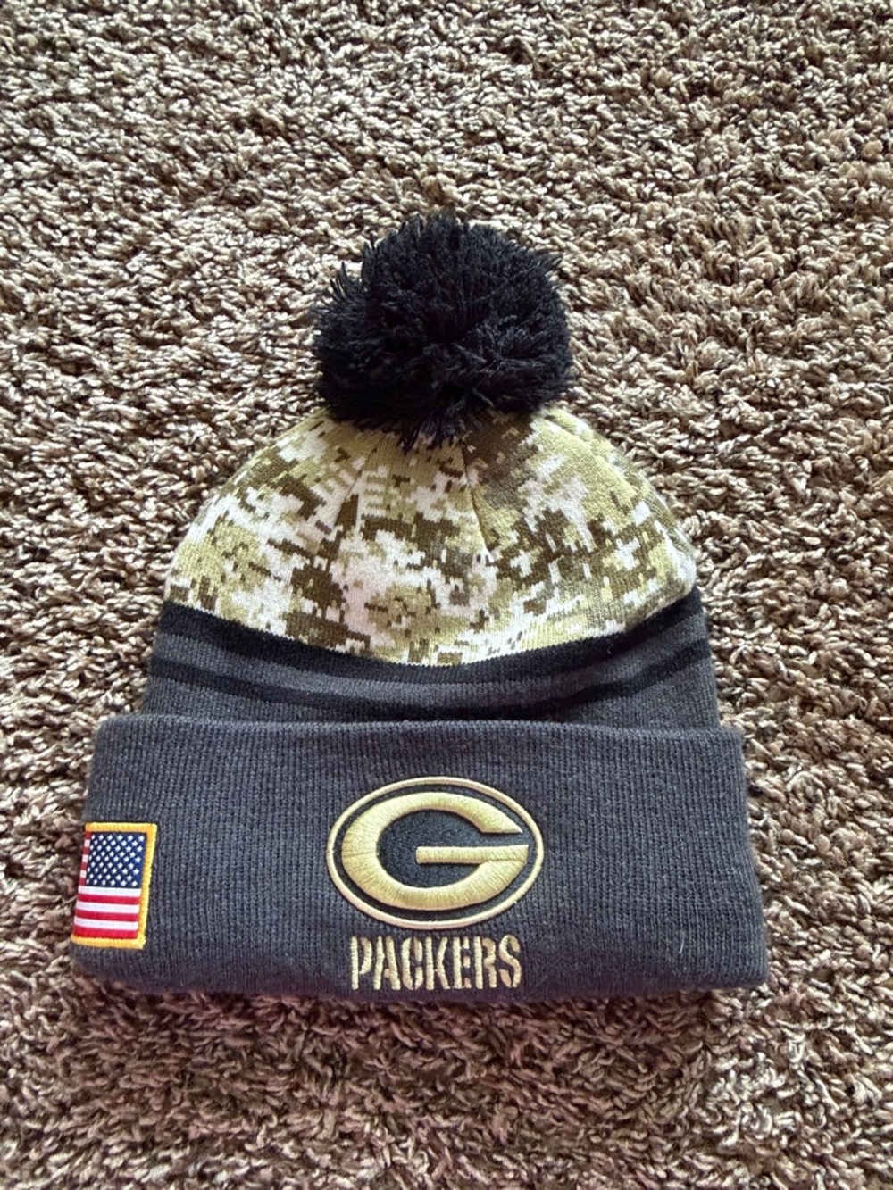 New Era Gray and Olive Camo Pom Beanie with NFL Patch